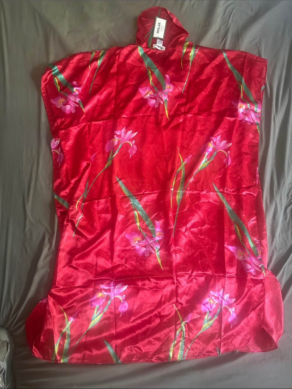 Red Floral Satin Kaftan Robe with Pink Blooms by UNKNOWN